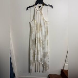 Levine White Halter High-Low Dress with Gold Lace Accents Size 16